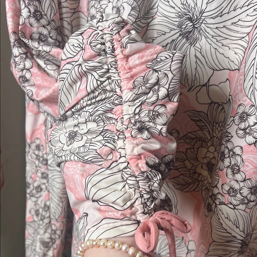 Johnny Was Active Pink/Black Floral Long-Sleeve Tee Boho Casual Blosue - Picture 4 of 8